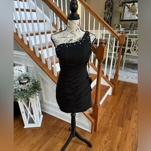 New! JenJenHouse Black Mini One Shoulder Dress with Gemstone Details